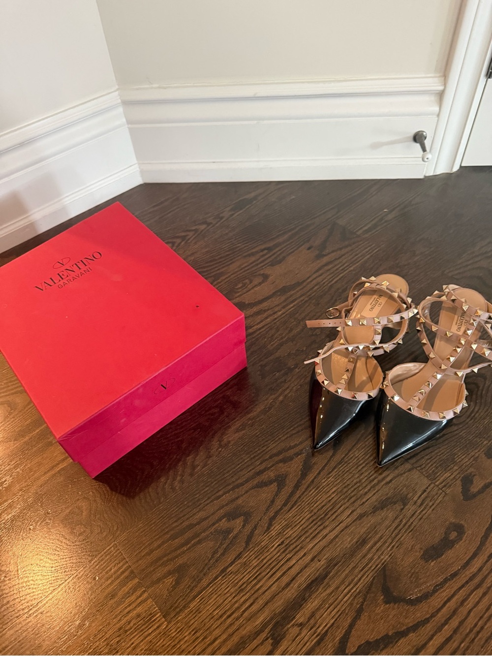 Valentino Rockstud Pointed-Toe T-Strap Flats in Black and Nude